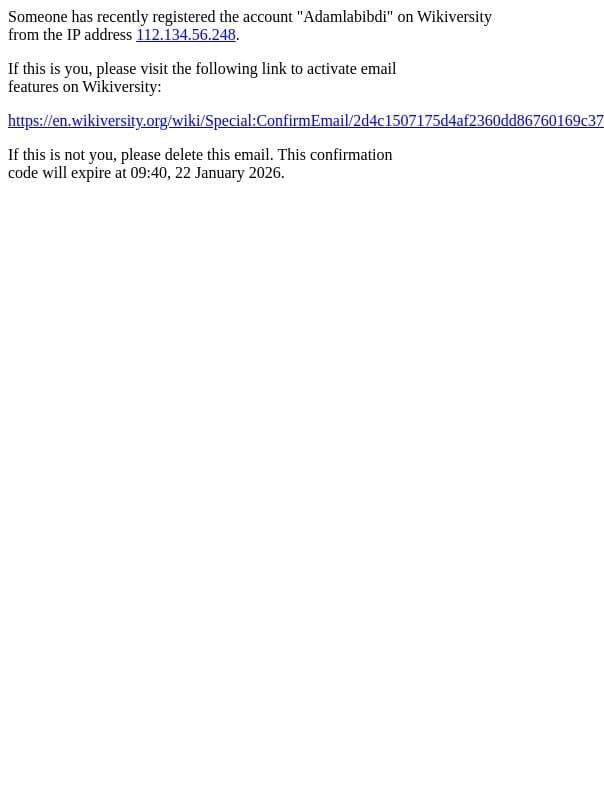 Wikiversity email address confirmation email from Wikiversity screenshot