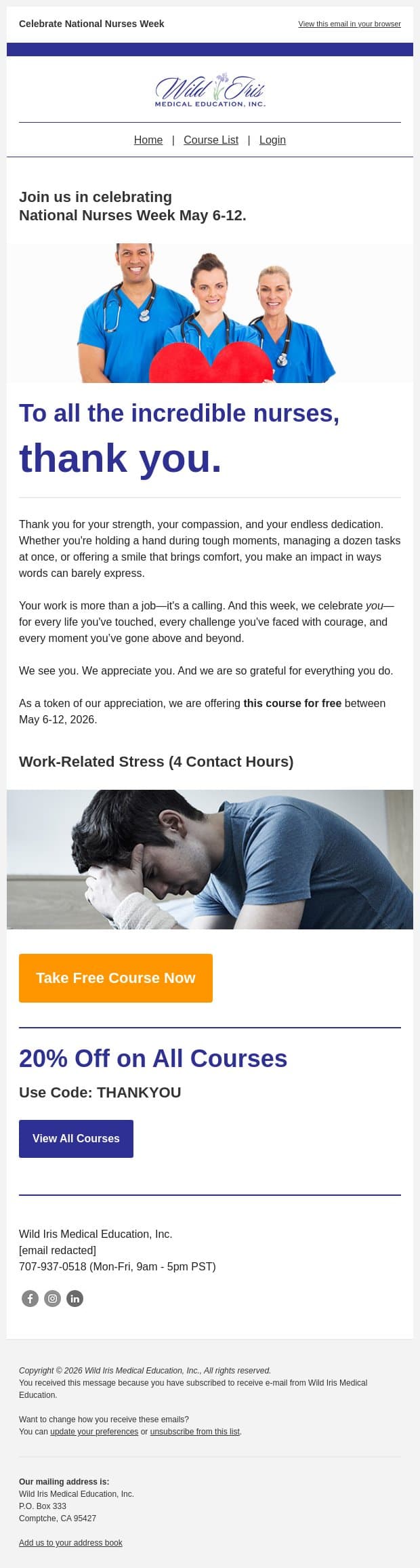 Nurses Week: Free CE and 20% off email from Wild Iris Medical Education screenshot