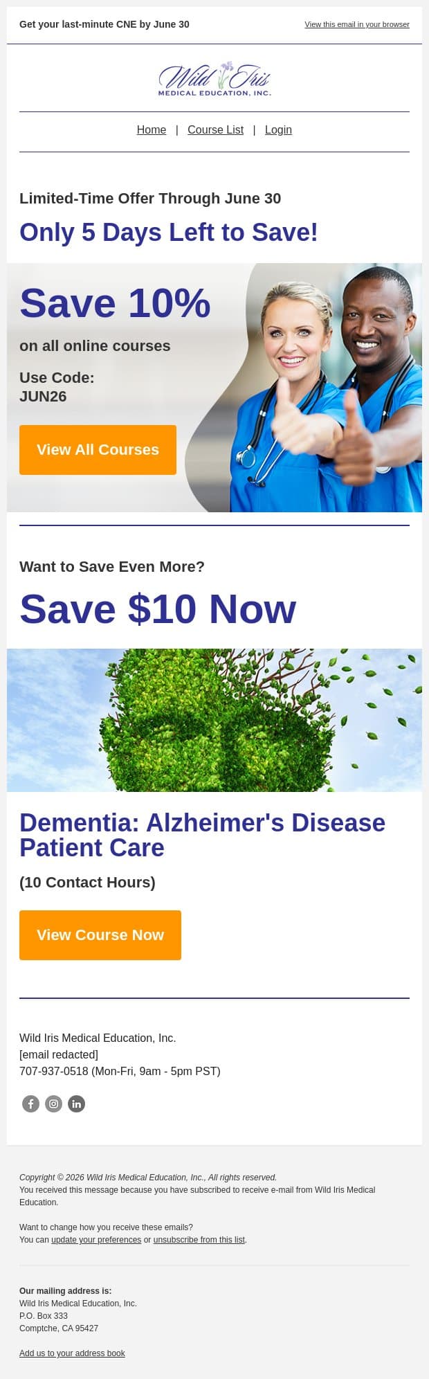 Nursing CE Savings - 5 Days Left! email from Wild Iris Medical Education screenshot