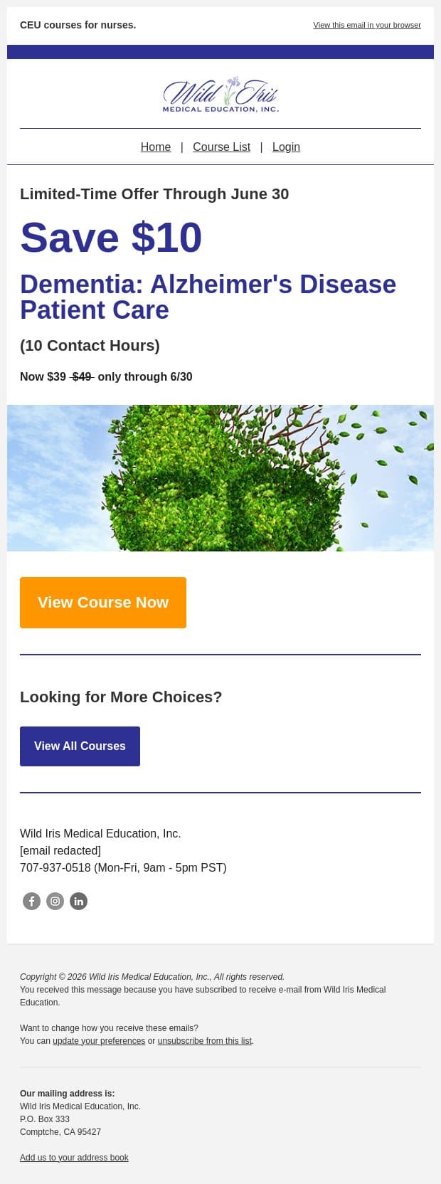 Exclusive $10 off on Nursing CE for You! email from Wild Iris Medical Education screenshot
