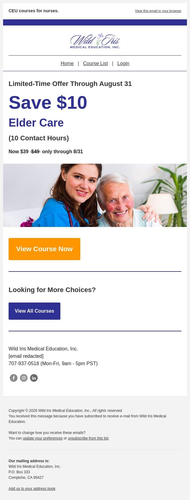 Exclusive August CE Offer for You! email from Wild Iris Medical Education screenshot