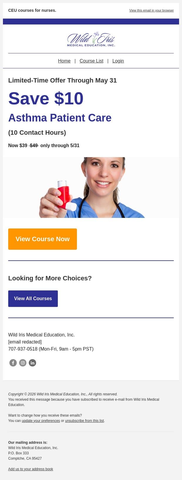 Exclusive $10 off on CE for You! email from Wild Iris Medical Education screenshot
