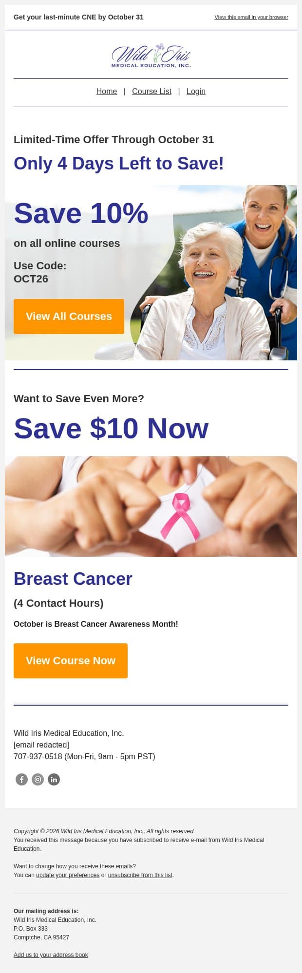 Nursing CE Savings Expire Soon. Open Today! email from Wild Iris Medical Education screenshot