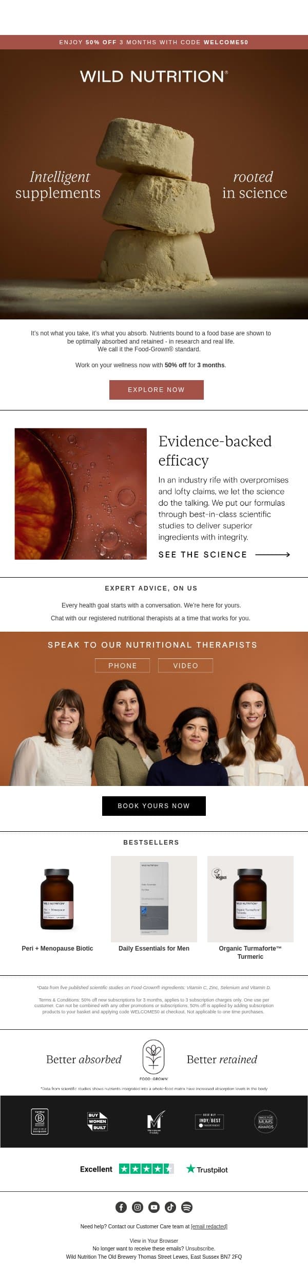 Science-backed supplements with 50% off 3 months email from Wild Nutrition screenshot