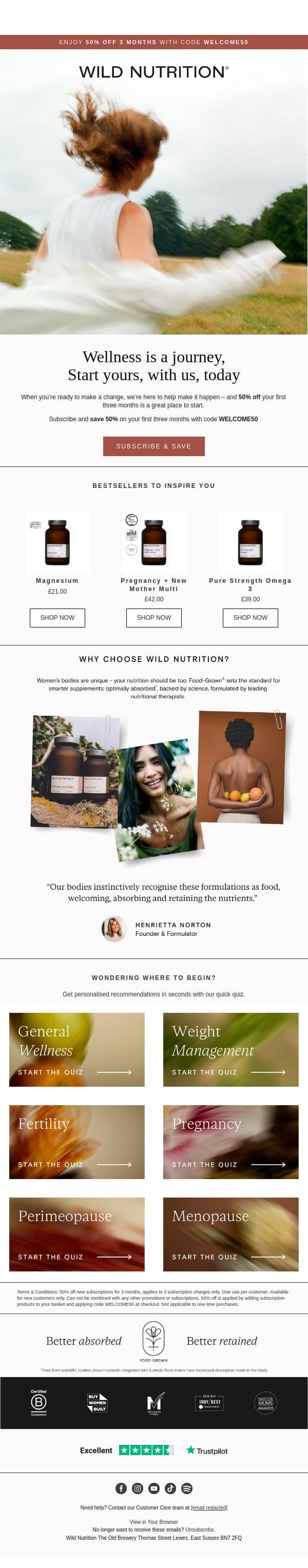 Welcome to wellness with 50% off 3 months email from Wild Nutrition screenshot