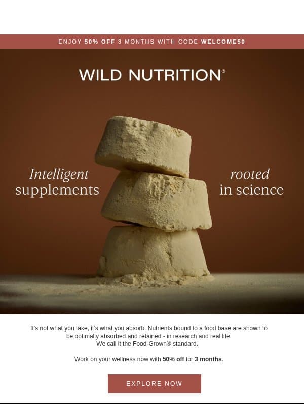 Science-backed supplements with 50% off 3 months email from Wild Nutrition