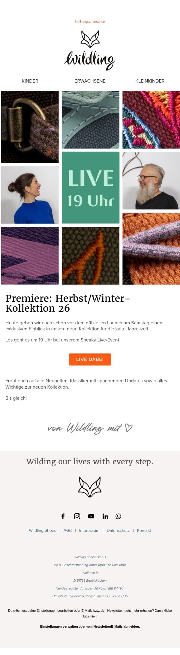 Gleich: Sneaky Live-Event & Vorstellung der HW26-Kollektion! email from Wildling Shoes screenshot