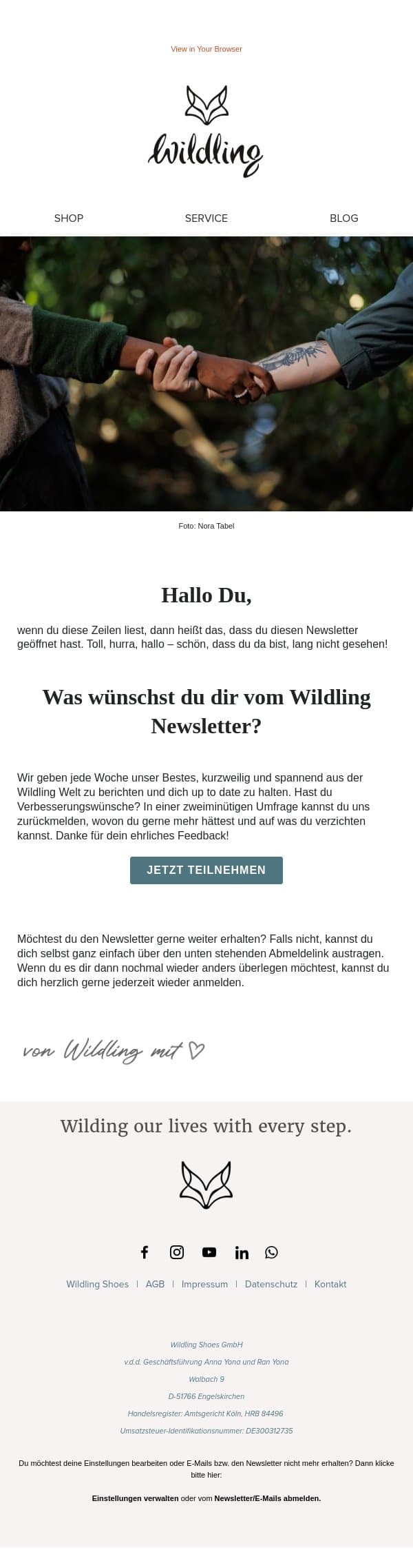 Hallo, bist du noch da? email from Wildling Shoes screenshot