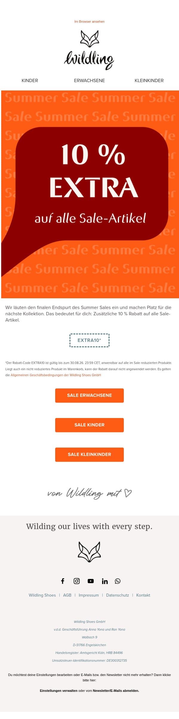 Zusätzlich 10 % Rabatt auf alle Sale-Artikel! email from Wildling Shoes screenshot