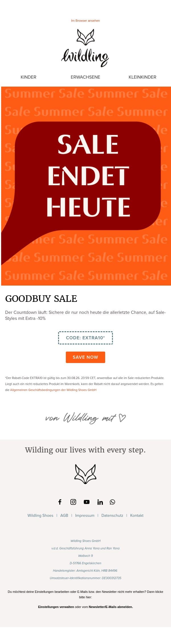 Letzte Chance: Extra -10% enden heute email from Wildling Shoes screenshot
