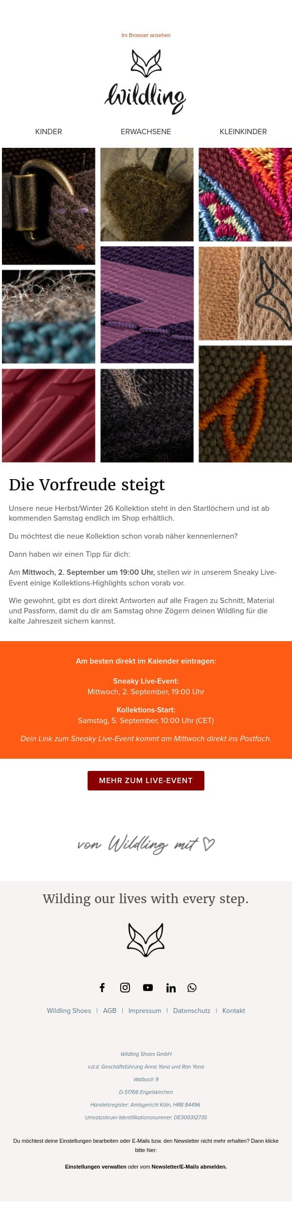 Macht euch bereit: Die neue HW26-Kollektion kommt! email from Wildling Shoes screenshot