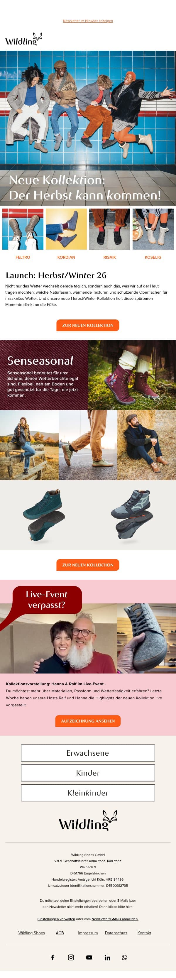 Schon reingeschaut? Die neue Herbst/Winter-Kollektion ist da. email from Wildling Shoes screenshot
