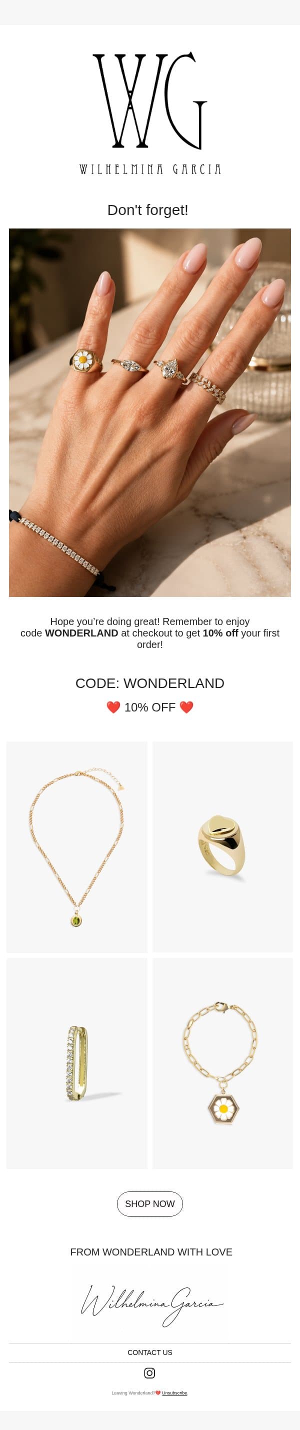 Friendly reminder of your 10% off✨ email from Wilhelmina Garcia screenshot