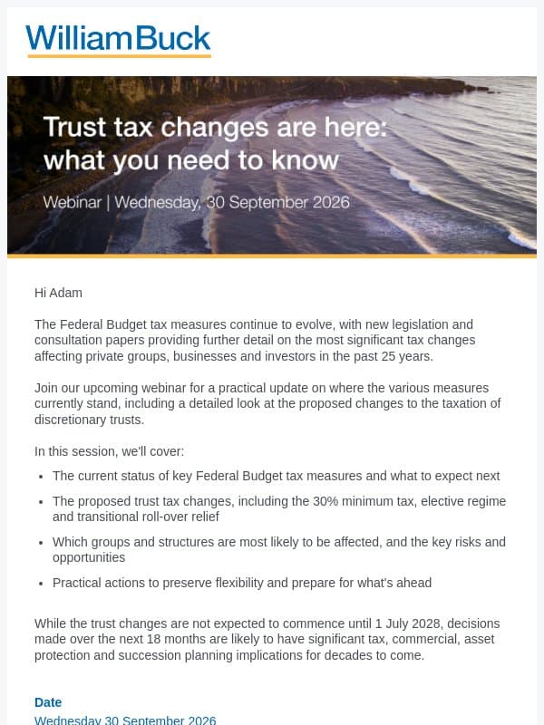 You're invited | Trust tax changes are here email from William Buck