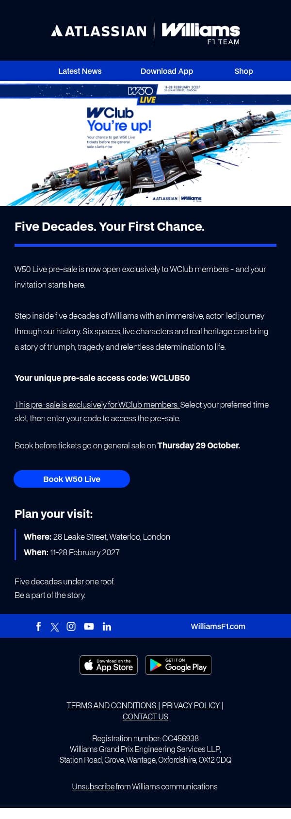 WClub, you’re up first. W50 Live pre-sale is open 🎟️ email from Williams Esports screenshot