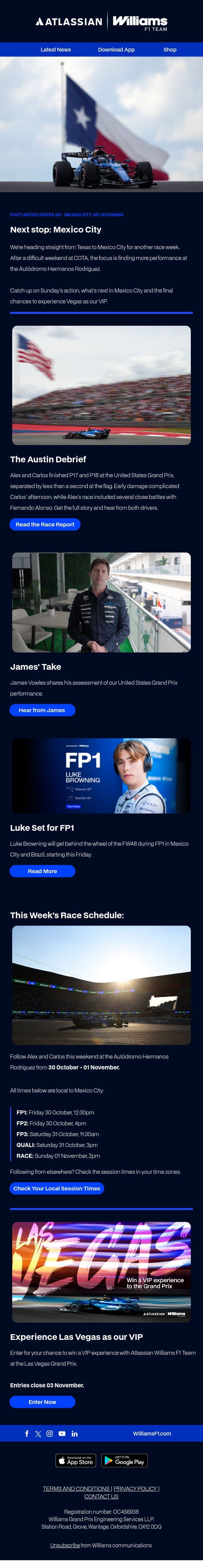 Austin unpacked. Mexico City loading 🇲🇽 email from Williams Esports screenshot