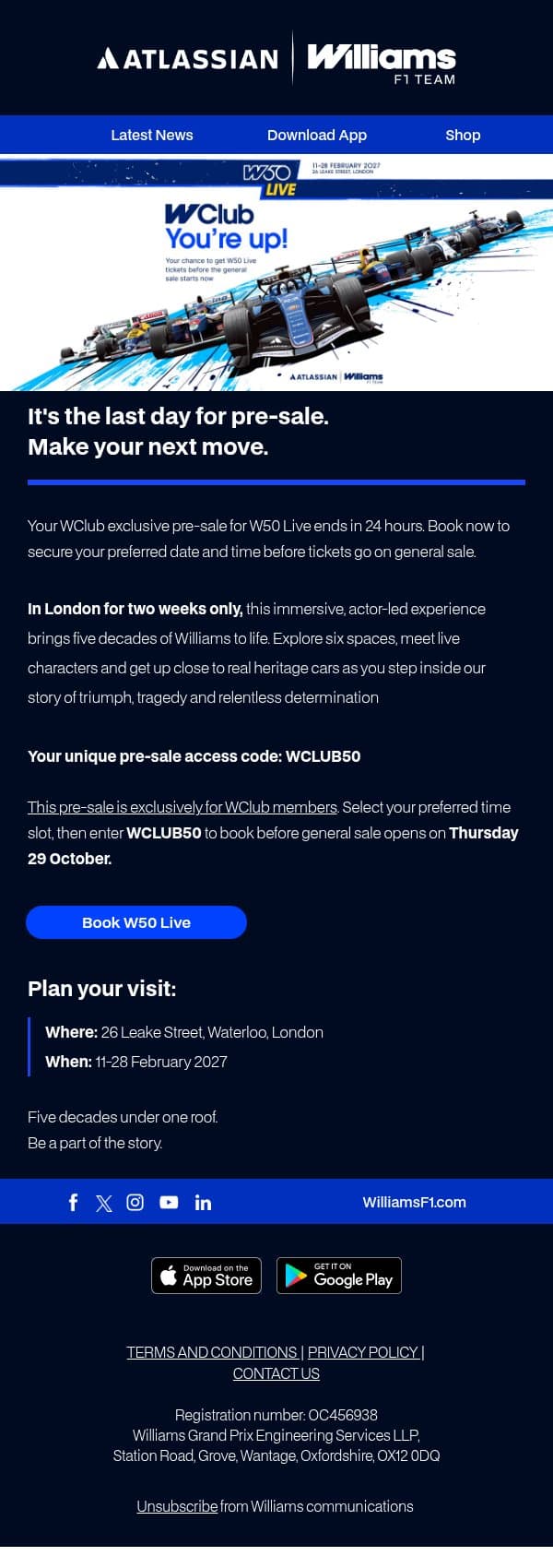 WClub, it's the last day to make your move! email from Williams Esports screenshot
