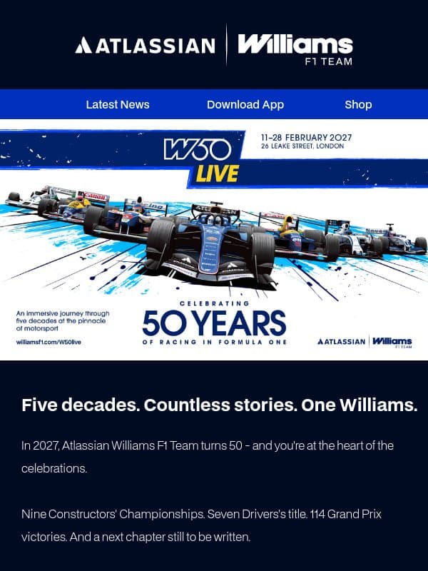 50 years of Williams. Be part of whatβs next. email from Williams Esports