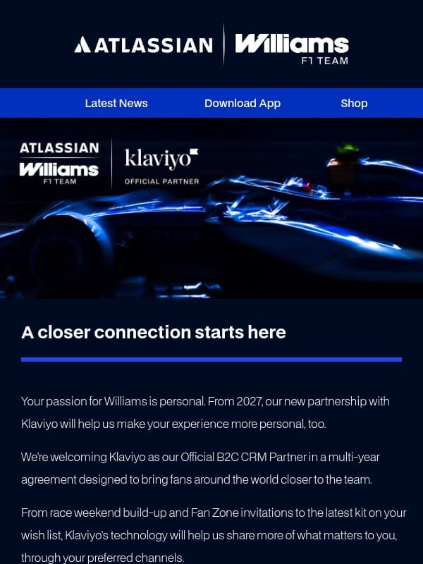 Closer to Williams, with Klaviyo email from Williams Esports