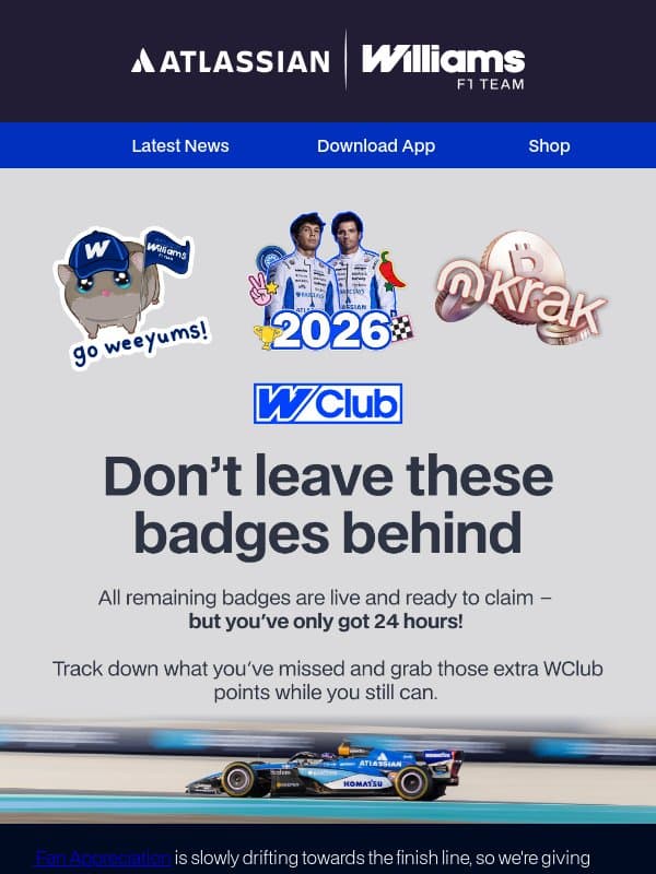 ⏱️📲 24 HOURS ONLY: Claim these missing badges! email from Williams Esports