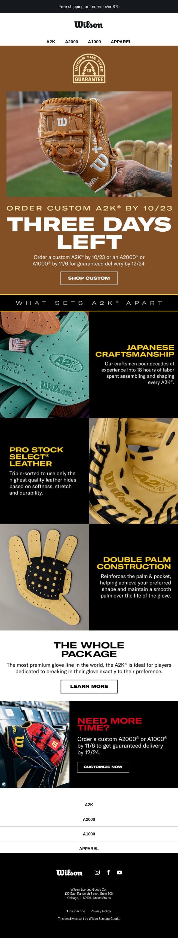 Don't Miss Out On Custom A2K! email from Wilson Sporting Goods screenshot
