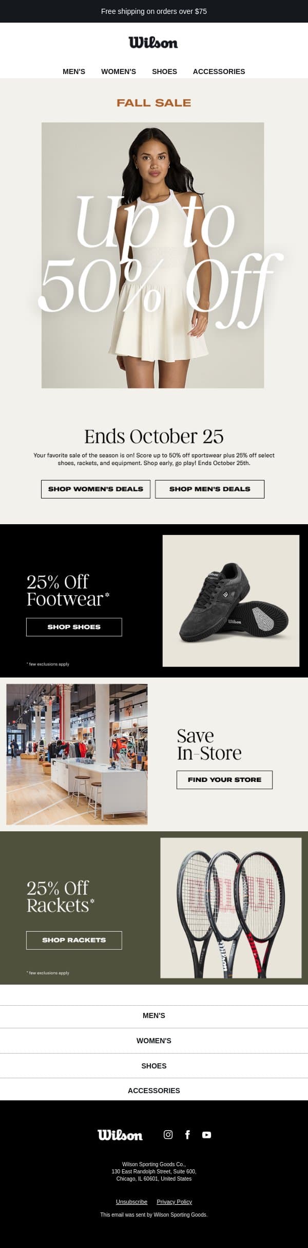 ON NOW: your favorite fall sale! Score up to 50% off sportswear, shoes & more. email from Wilson Sporting Goods screenshot