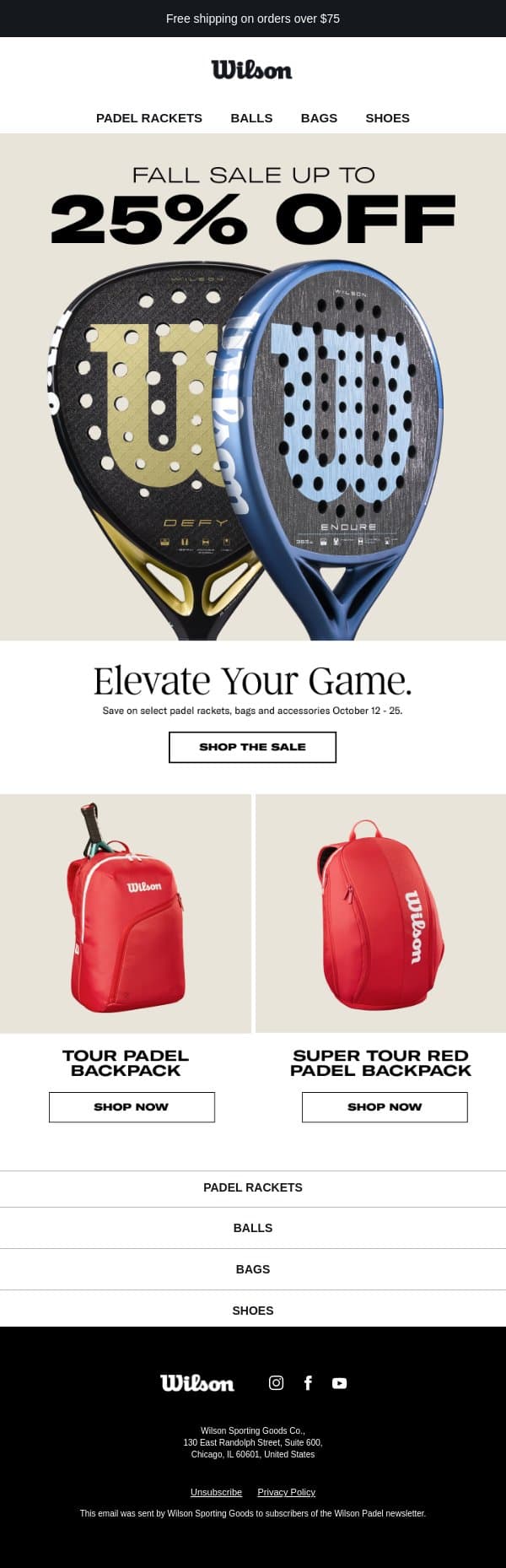 4 Days Left - Up to 25% Off Padel email from Wilson Sporting Goods screenshot