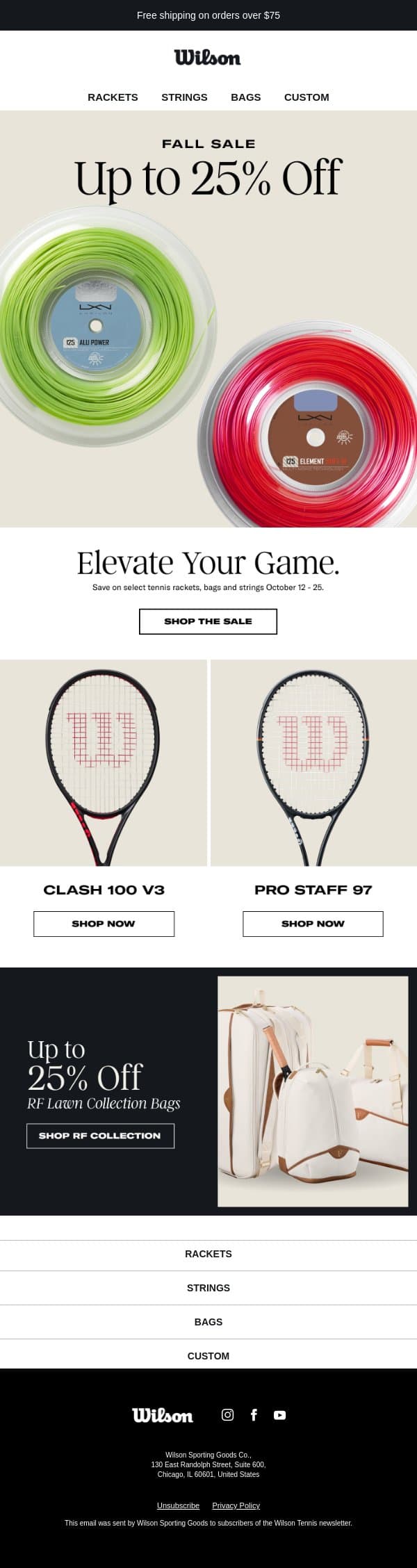 Restring, Upgrade, Save Up to 25% email from Wilson Sporting Goods screenshot