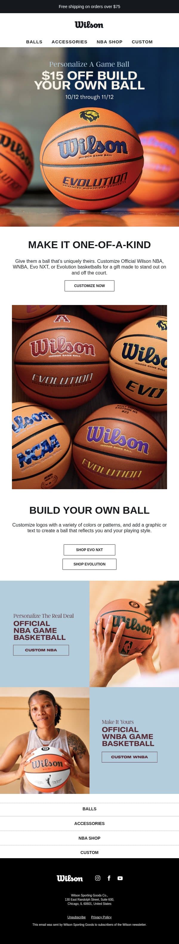 $15 OFF Custom Basketballs! email from Wilson Sporting Goods screenshot