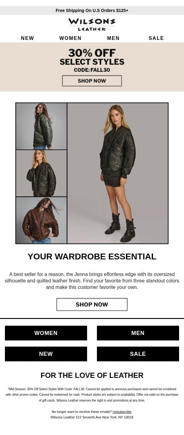 A Best Seller for a Reason: The Jenna 30% Off email from Wilson's Leather screenshot