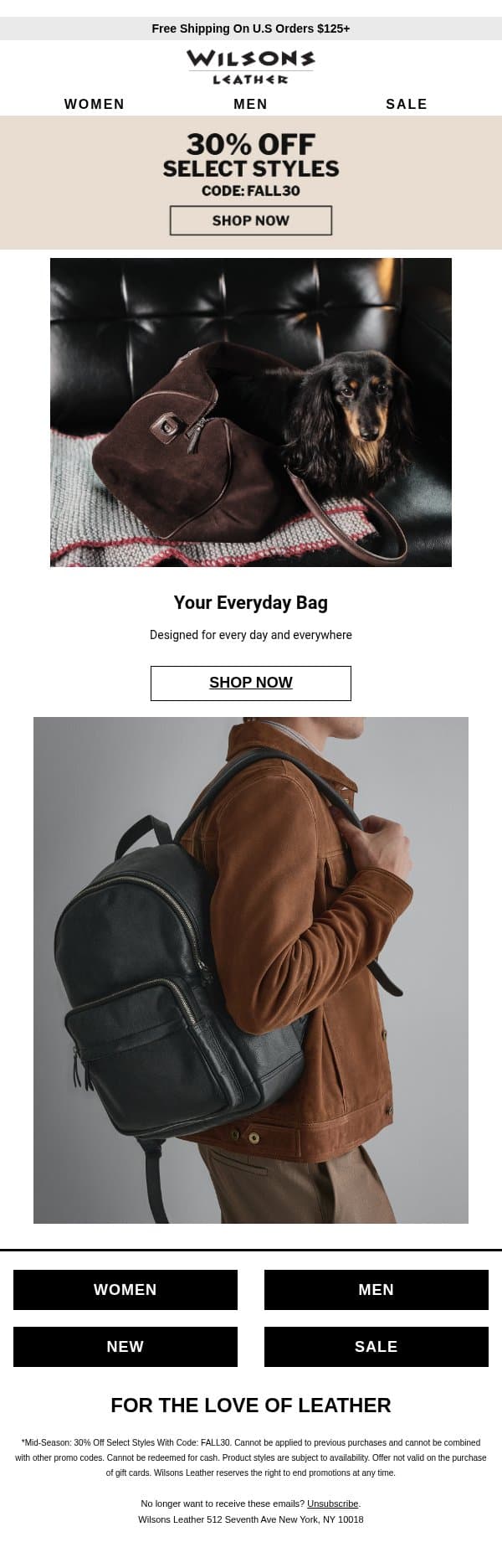 30% Off The Bags You’ll Carry Everywhere email from Wilson's Leather screenshot
