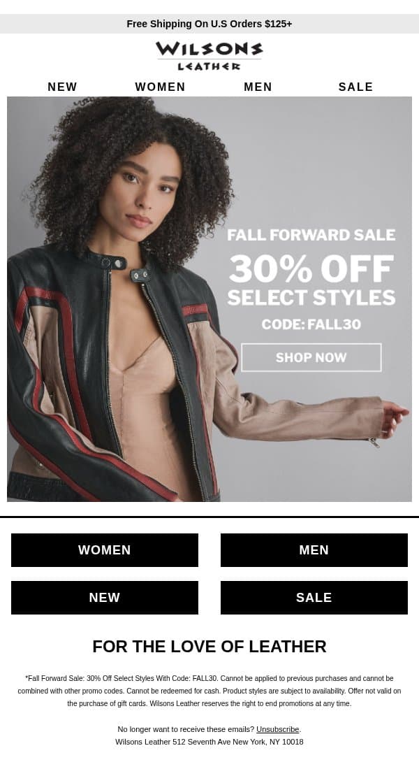 Now’s Your Chance to Take 30% Off email from Wilson's Leather screenshot