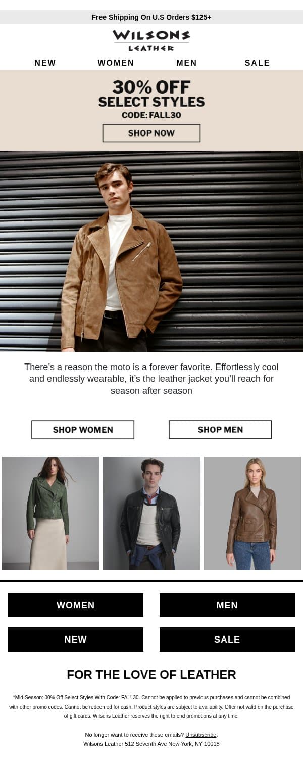 30% Off An Icon for Every Season email from Wilson's Leather screenshot