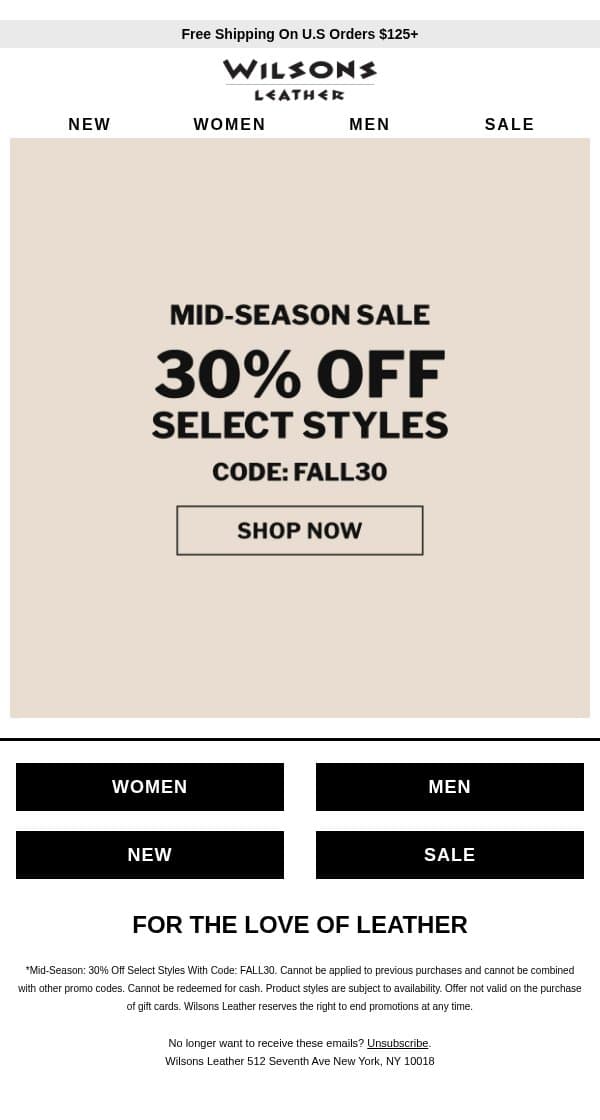 Your Fall Wardrobe Awaits: 30% Off Select Styles! email from Wilson's Leather screenshot