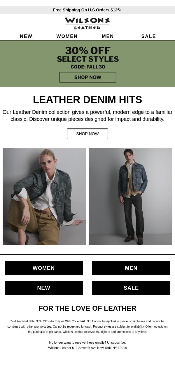 30% Off Leather Denim! email from Wilson's Leather screenshot