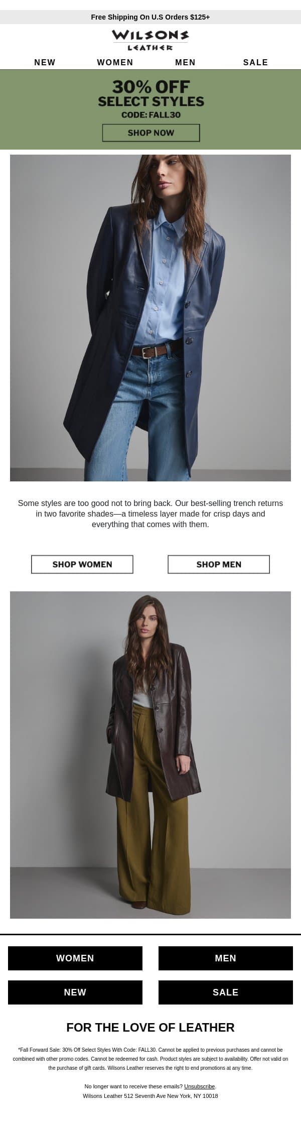 Meet the leather trench customers can’t get enough of. email from Wilson's Leather screenshot