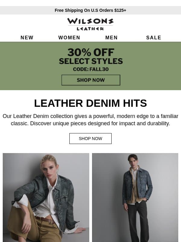 30% Off Leather Denim! email from Wilson's Leather