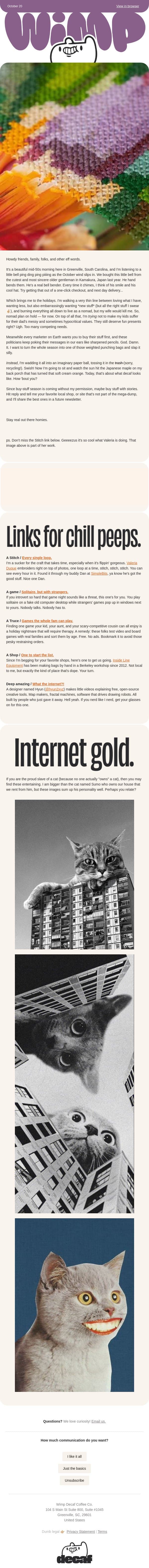 🟠 Probably the best email. Definitely 5 dope links for fall. email from Wimp Decaf Coffee Co screenshot