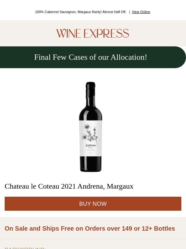 FLASH SALE AT COST! 100% Rare Margaux Cab, ONLY HERE! email from Wine Enthusiast