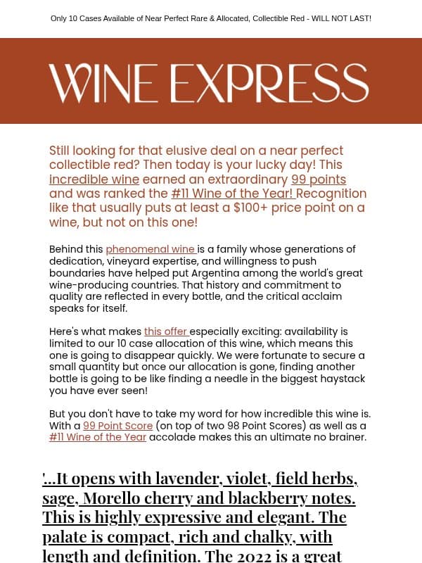 FLASH SALE! 99 PT #11 Wine of the Year, Won't Last! email from Wine Enthusiast