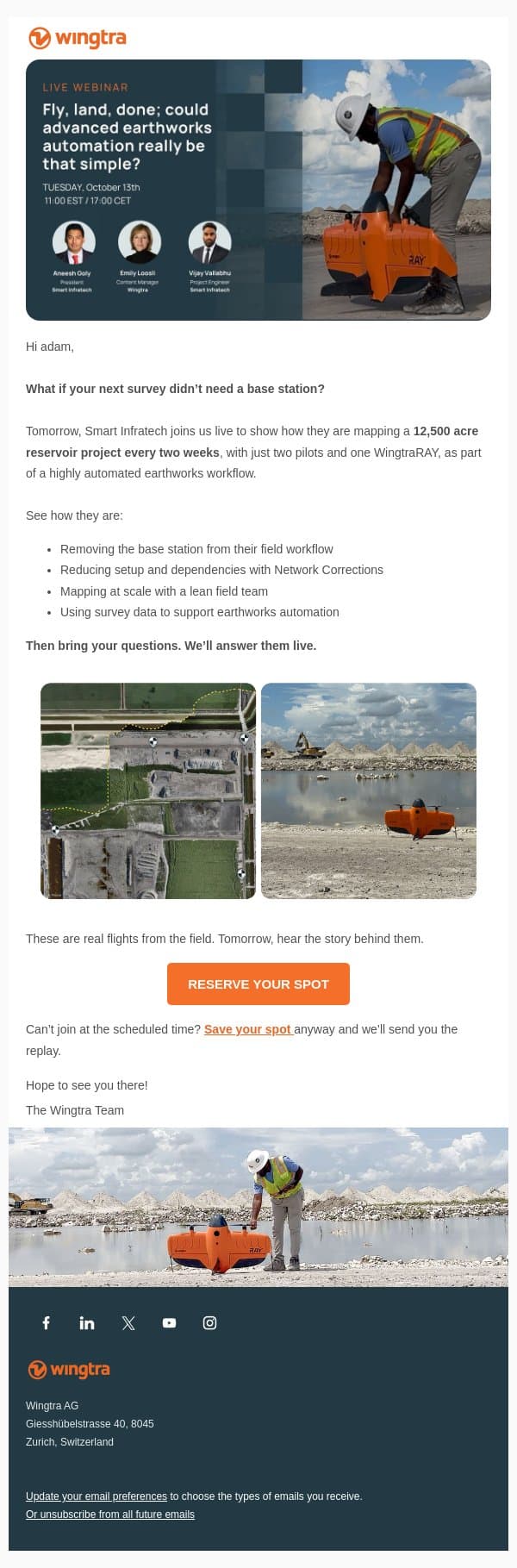 Last call: Network Corrections live tomorrow email from Wingtra screenshot