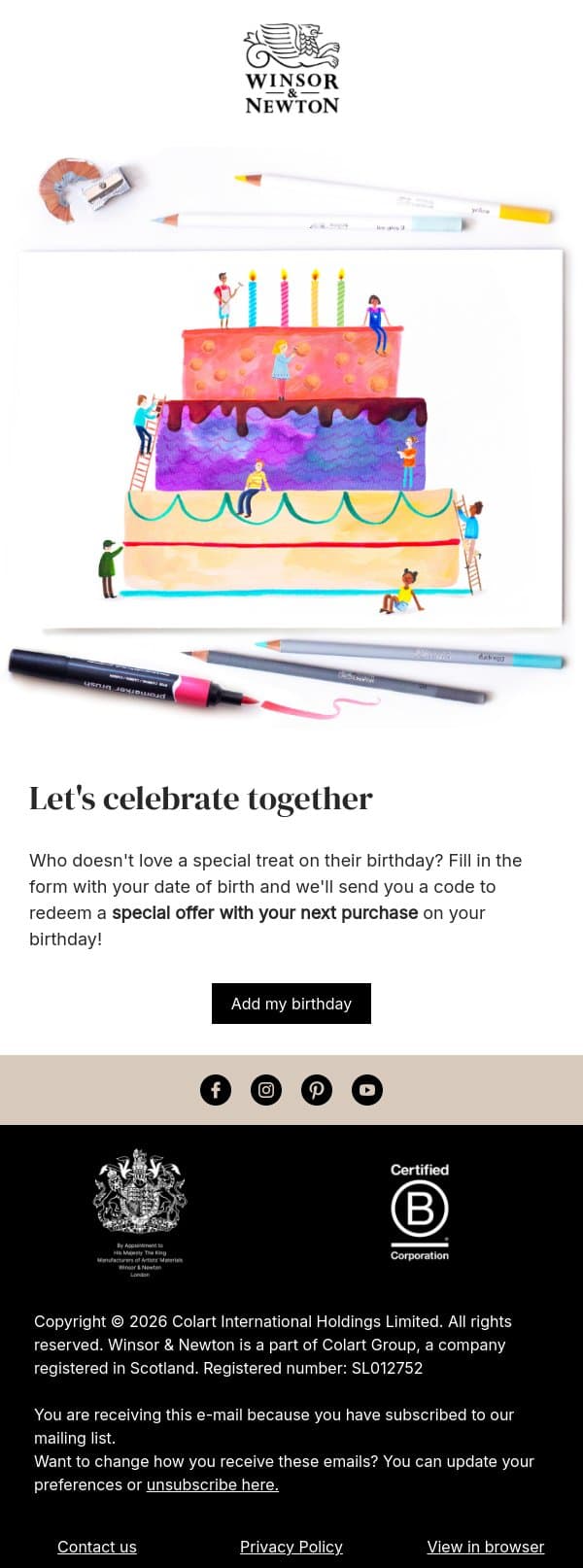 Who doesn't like a surprise on their birthday? email from Winsor & Newton screenshot