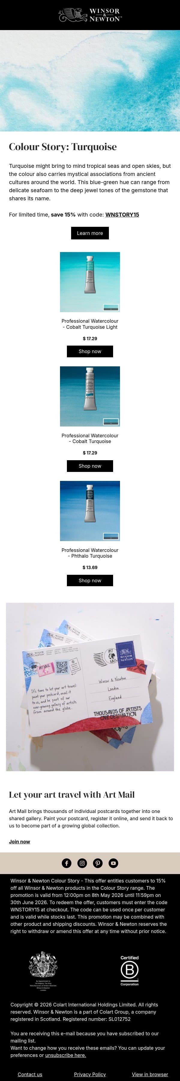 The colour of seas, skies and spiritual protection email from Winsor & Newton screenshot