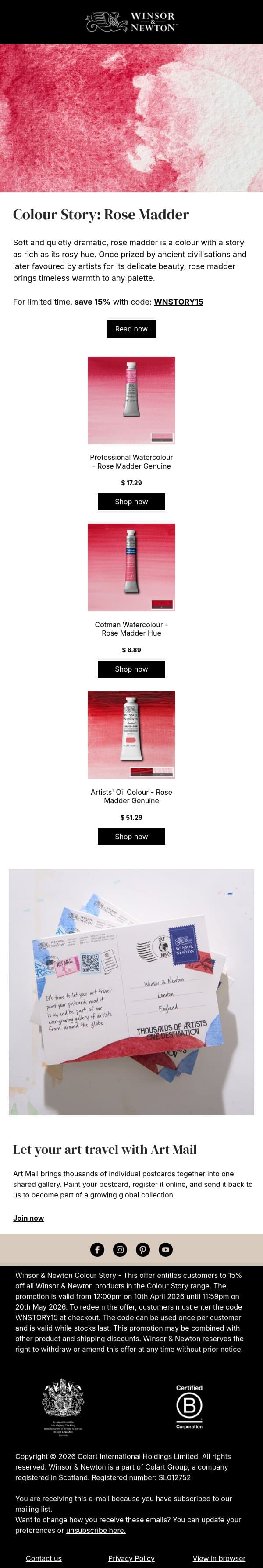One of our most historically authentic colours email from Winsor & Newton screenshot