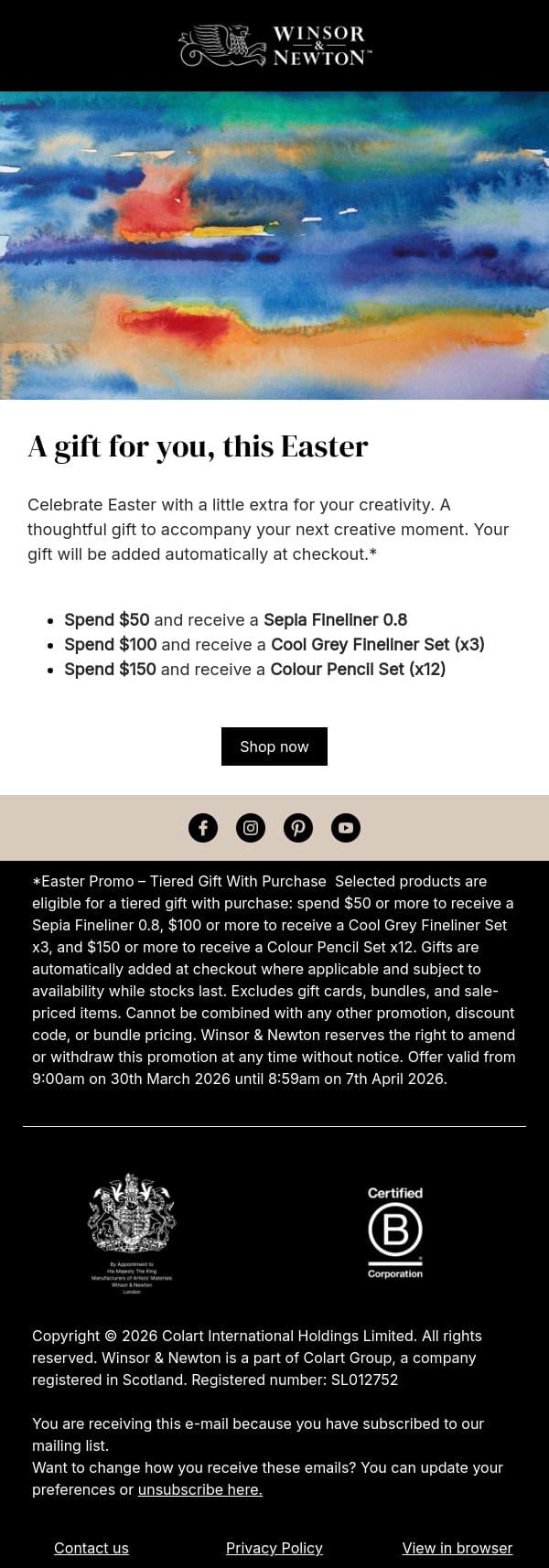 A gift for you, this Easter email from Winsor & Newton screenshot