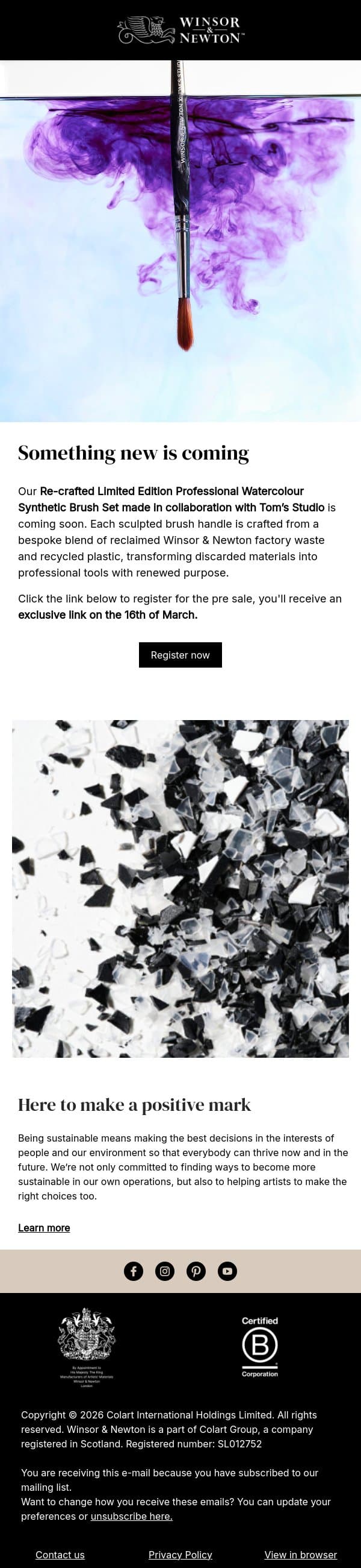 A new product is coming soon, access the pre sale email from Winsor & Newton screenshot