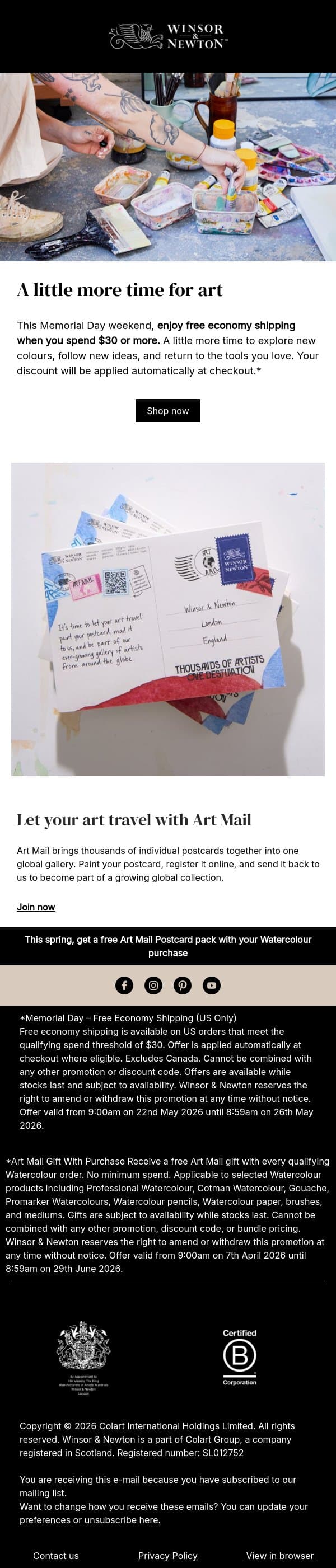 A little more time for art this Memorial Day Weekend email from Winsor & Newton screenshot