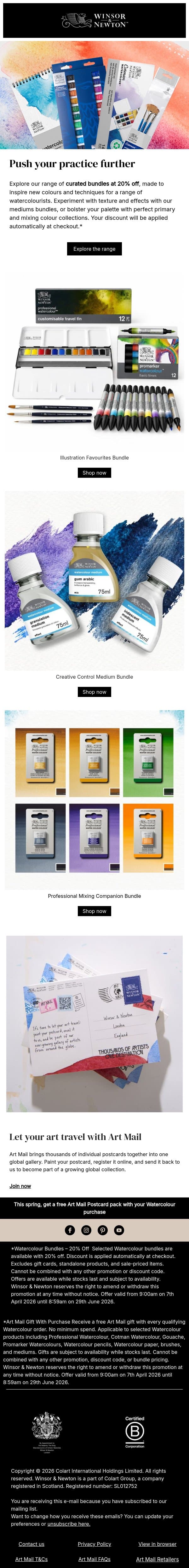 Curated watercolour bundles at 20% off email from Winsor & Newton screenshot