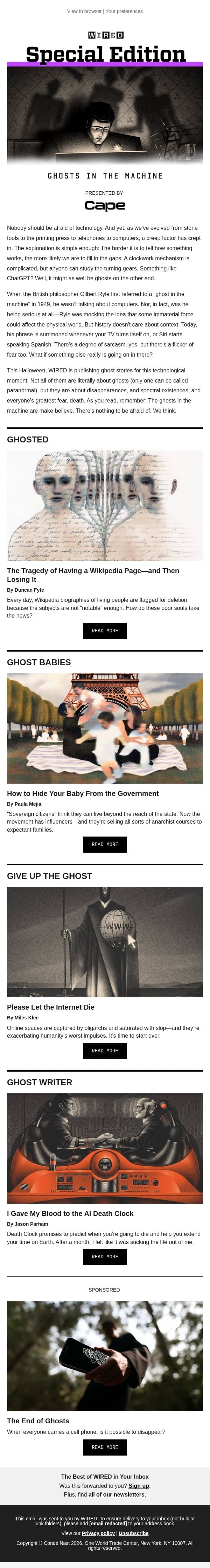 Special Edition: Hauntings from the other side of tech email from Wired screenshot