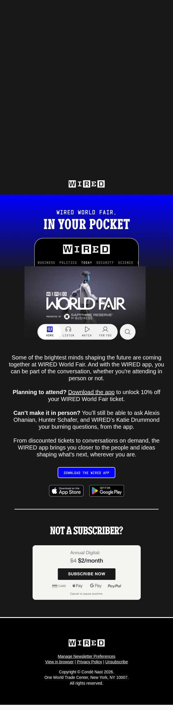 Get closer to WIRED World Fair email from Wired screenshot